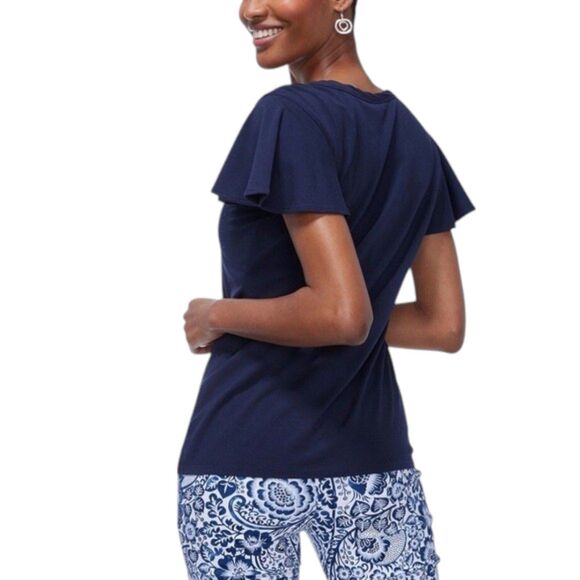 Chico’s Touch of Cool Navy V-Neck Flutter Sleeve Embellished Top Size 3 (XL) - Picture 6 of 16